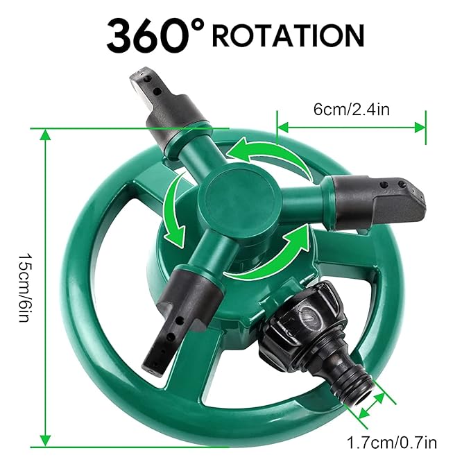 Automatic 360° Lawn Sprinkler 3 Arm 4 Nozzle Pipe Hose Water Sprayer