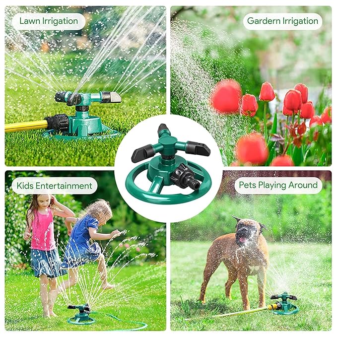 Automatic 360° Lawn Sprinkler 3 Arm 4 Nozzle Pipe Hose Water Sprayer