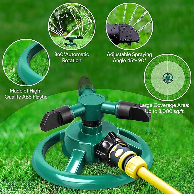 Automatic 360° Lawn Sprinkler 3 Arm 4 Nozzle Pipe Hose Water Sprayer
